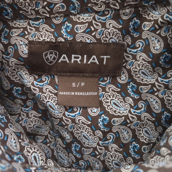 Ariat Mens Brown With Blue Paisley Casual Button Down Shirt Size Small - Picture 8 of 8